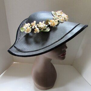 SALE Vintage Mid Century Black Hat Wide Brim Flower Swag 1960 Era